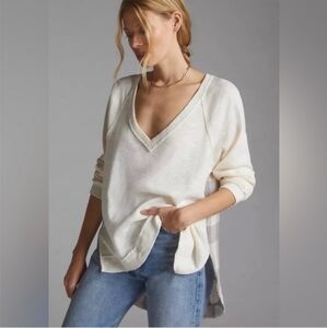 Anthropologie Pilcro Top Women XS V-Neck Cream Gray Plaid Back Relaxed Oversized